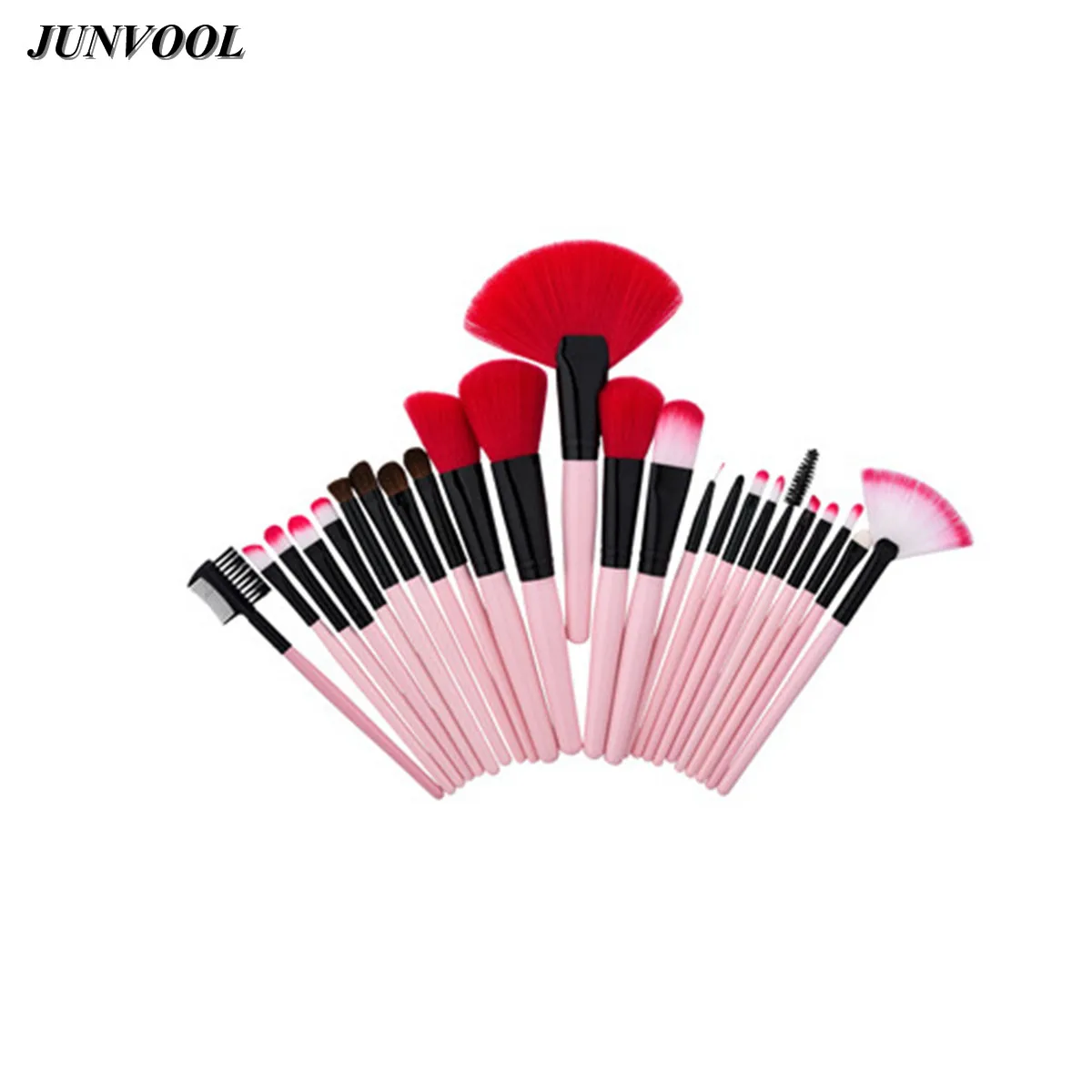 Pink Red Makeup Fan Brush 24Pcs Professional Foundation Liner Eye