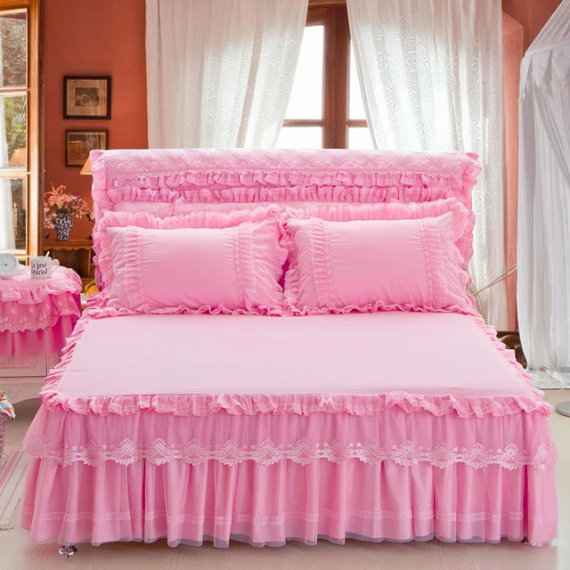 Free Shipping 3pcs Princess Lace Pink Purple Beige S Bed Skirt Free Shipping 3pcs Princess Lace Pink Purple Beige S Bed Skirt Full Queen King