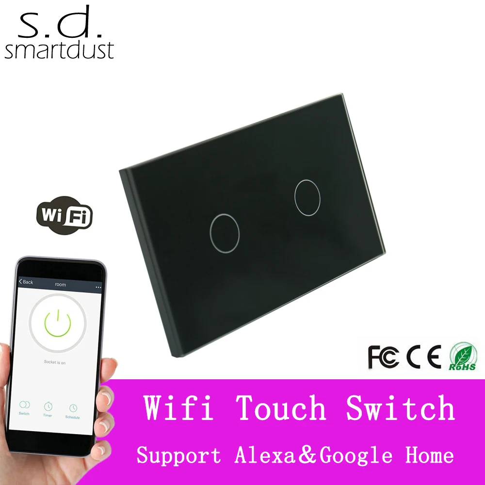 

Smartdust US Wifi Tuya Smart APP Control Touch Switch Work With Google Home And Amazon Alexa 2 Gang 1 Way AC110~250v