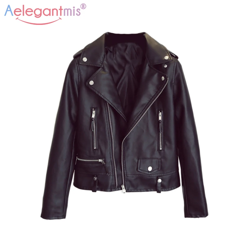 Aelegantmis Casual PU Leather Jacket Women Classic Zipper