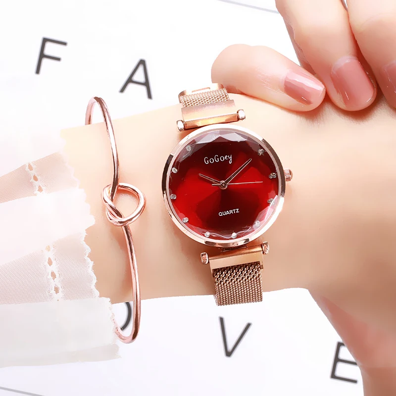 Top Brand Popular Watches For Women Rose Gold Mesh Magnet Buckle Quartz Watch Geometric Surface Casual Women Quartz Wristwatch