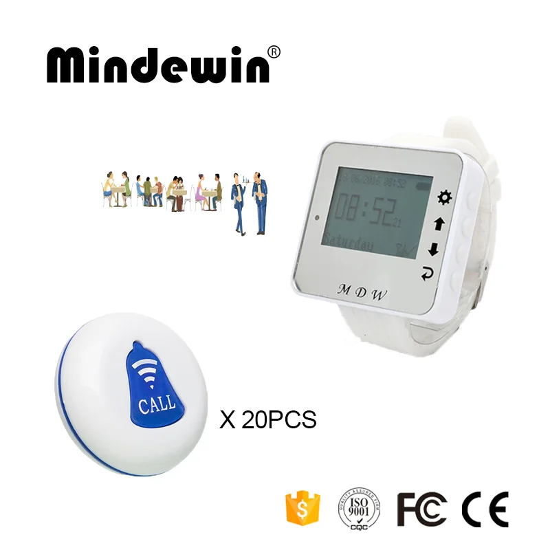 Mindewin 433 МГц пейджер ресторан Беспроводная система вызова 20 шт. кнопки вызова стола M-K-1 и 1 шт. часы пейджер M-W-1 - Цвет: White blue