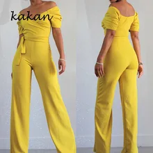 Kakan 2019 new sexy women's jumpsuit straps wide leg jumpsuit short-sleeved yellow jumpsuit with belt bardot frill trim wide leg jumpsuit
