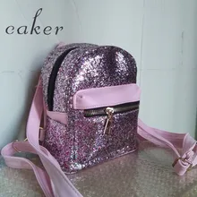 Caker Brand Women Pink Sequined Backpack Black Silver Shoulder Bags Lady Fashion PU Preppy Style Back To School Bags 2017