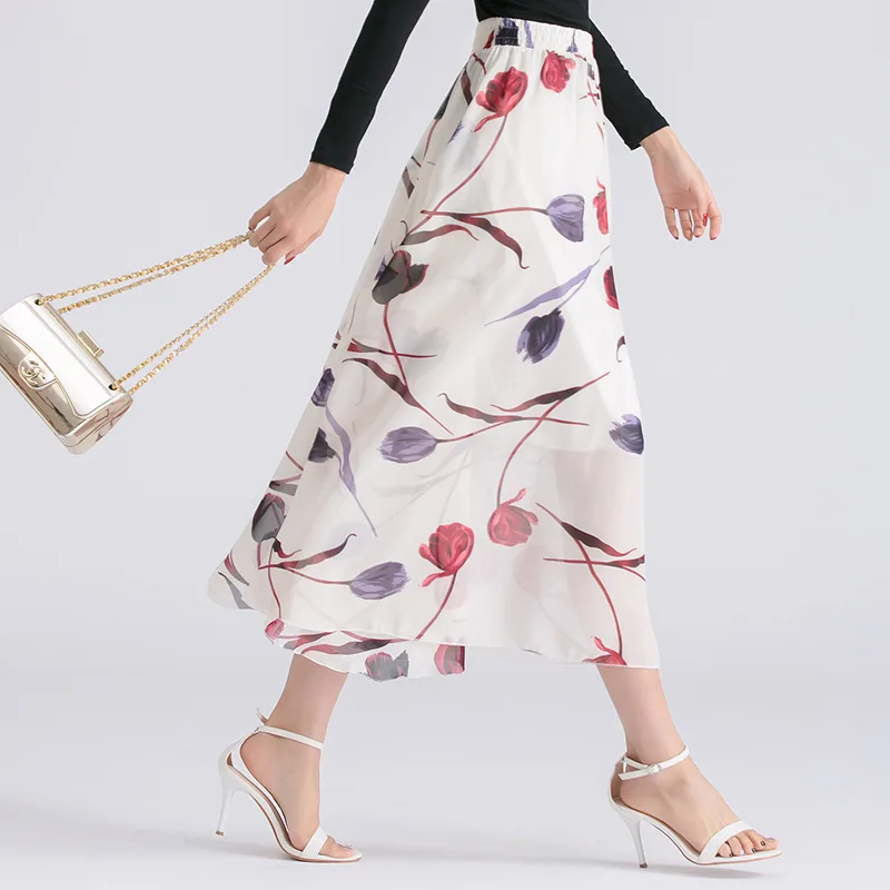 

2018 New Summer Fashion Big Code Broken Flower Bohemia Beach Skirt Big Swing Printing Half Chiffon Casual Skirt Summer