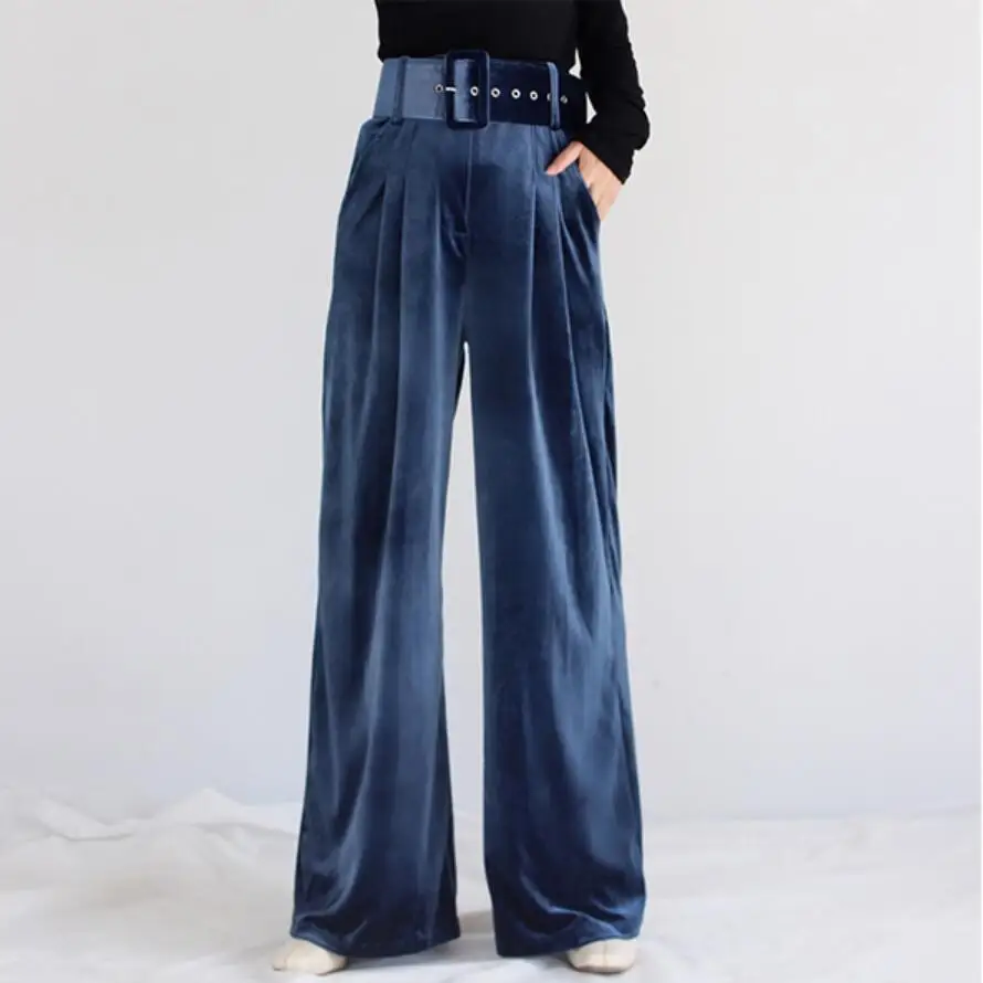 

vintage Velvet Wide Leg Pants Women High Waist Belted Big Size Loose Trousers office lady Autumn Winter