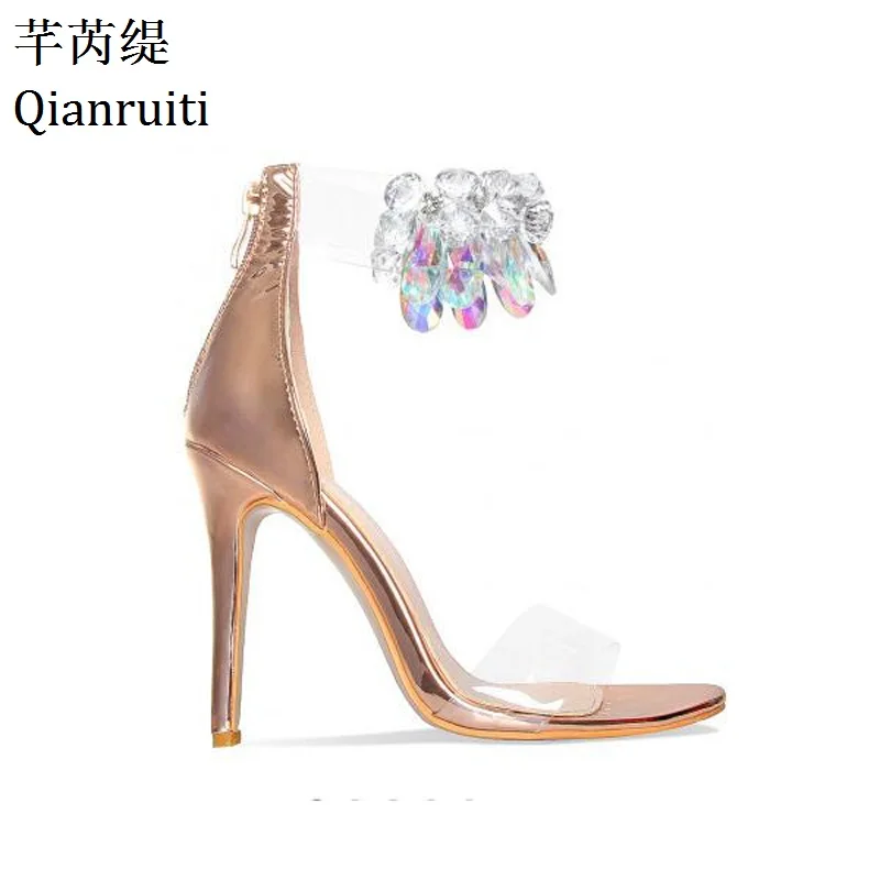 

Qianruiti Rose Gold Nude Leather High Heels Sandals Transparent PVC Ankle Strap Women Pumps Clear Crystal Thin Heels Women Shoes