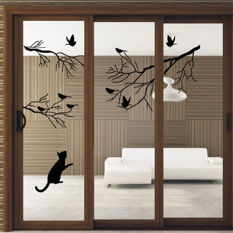 artistic tree birds cat wall sticker 3