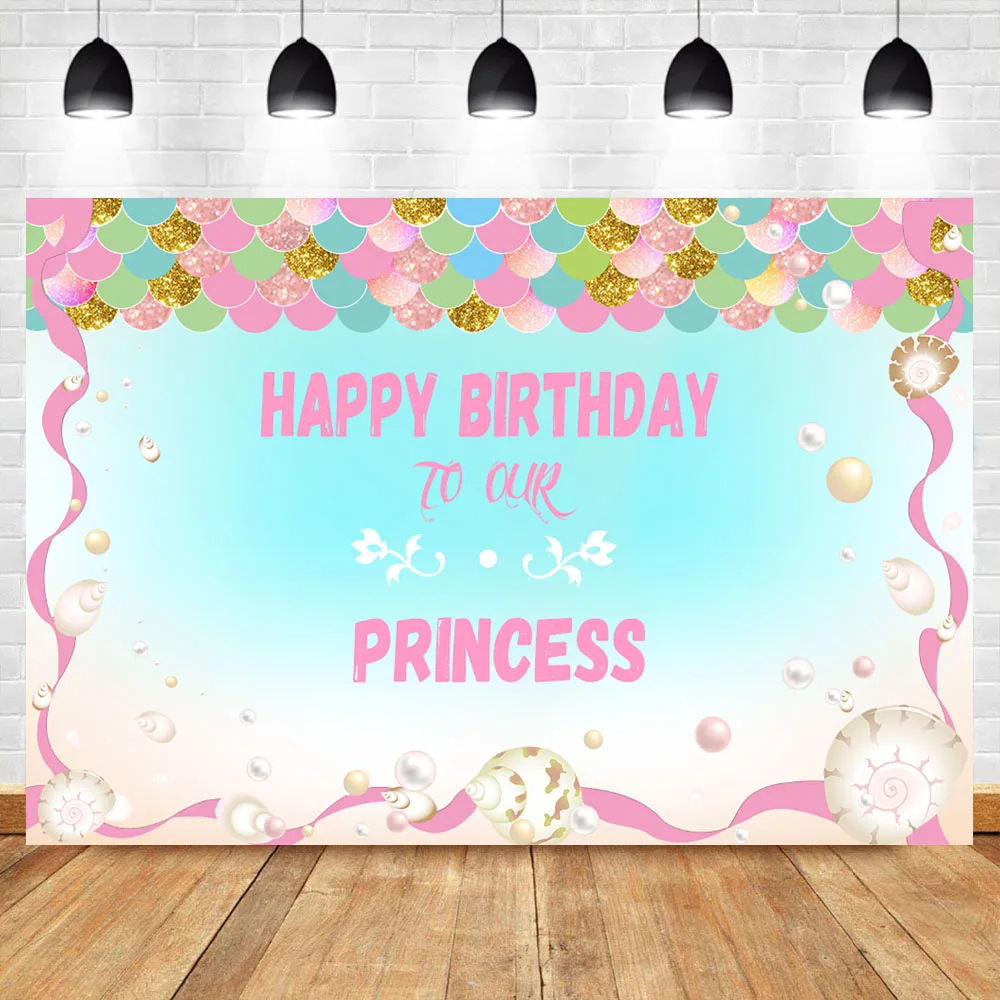 

NeoBack Mermaid Backdrop Princess Pink Fish Scales Baby Birthday Party Banner Photo Background Dessert Table Decorations Props