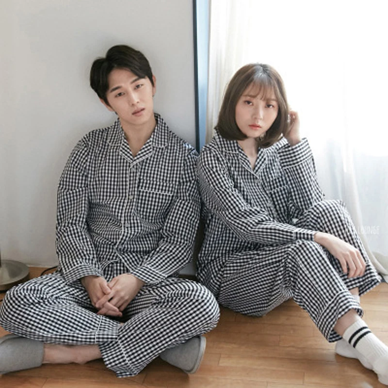 Black and white square Japanese couple pajamas women autumn and winter cotton men and women long-sleeved home service suit men