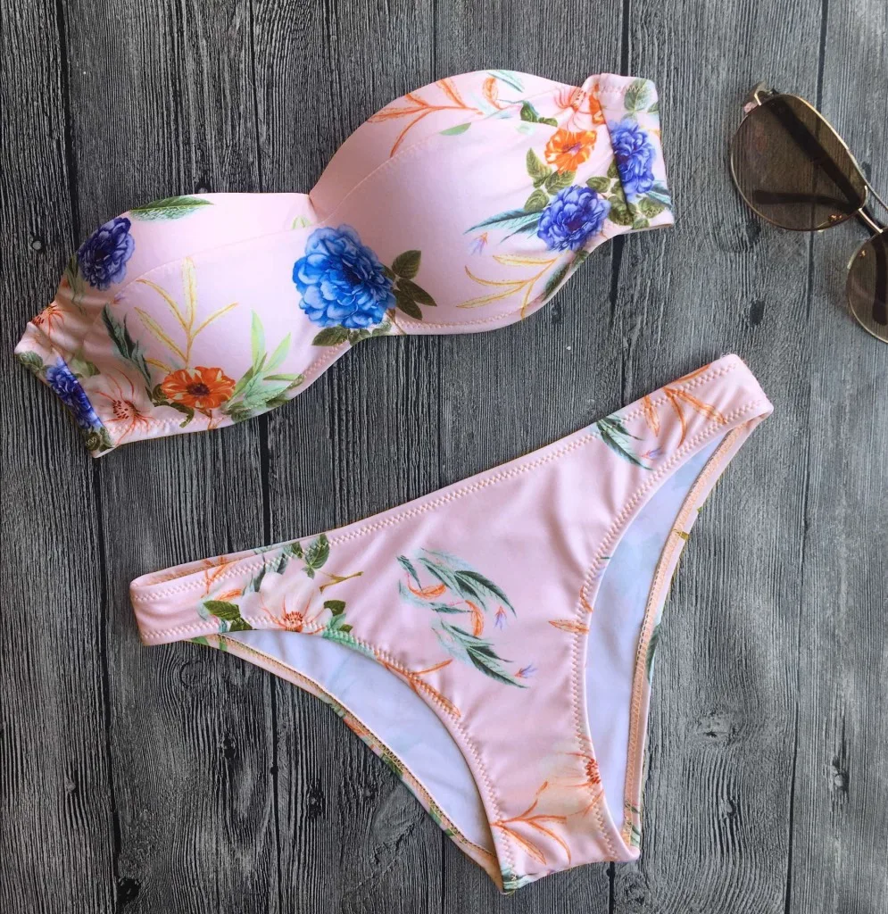 New Flower Print Bikini Set Women Strapless Swimwear Female Bandeau Push Up Swimsuit Brazilian 