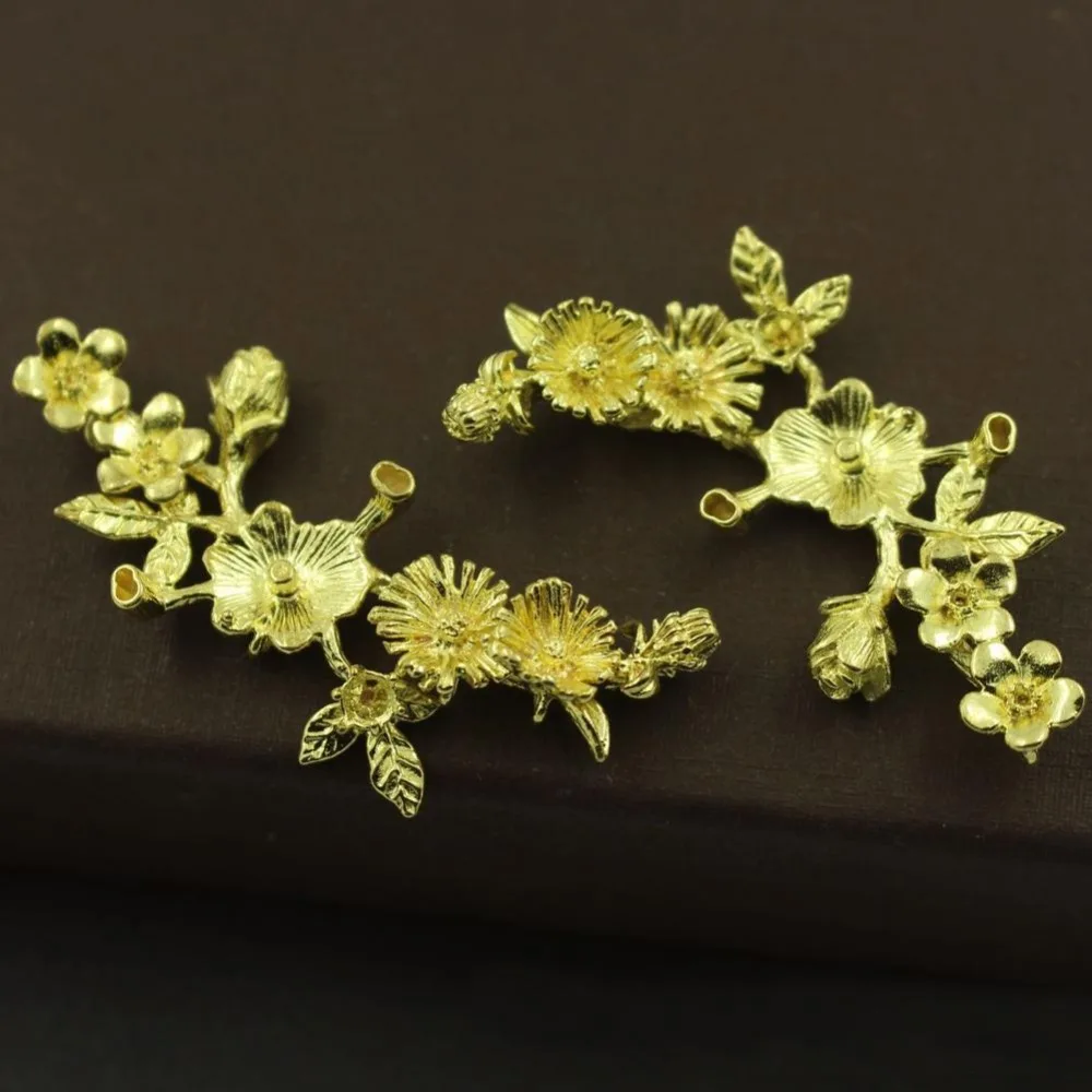 

Retro Flower Branch Pendant Connectors Half Drilled Hole Pearls Stone Beads Caps Die Casting Brass Findings DIY Jewelry Making