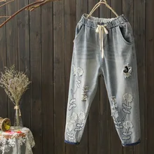 Женские винтажные женские джинсы с вышивкой новые весенне-летние джинсы-шаровары женские повседневные джинсовые брюки с эластичной талией
