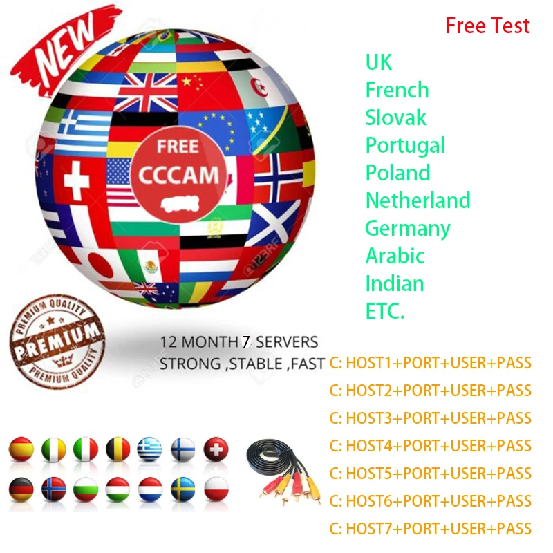 

European 1 year 7 Clines HD CCcam service for French Portugal Spain UK Germany Slovak Netherlands for DVB S2 GTmedia Freesat V8S