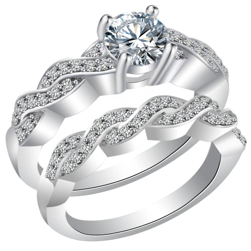 Bridal Sets White Gold Color Lovers Couple Rings Four Claws CZ Crystals