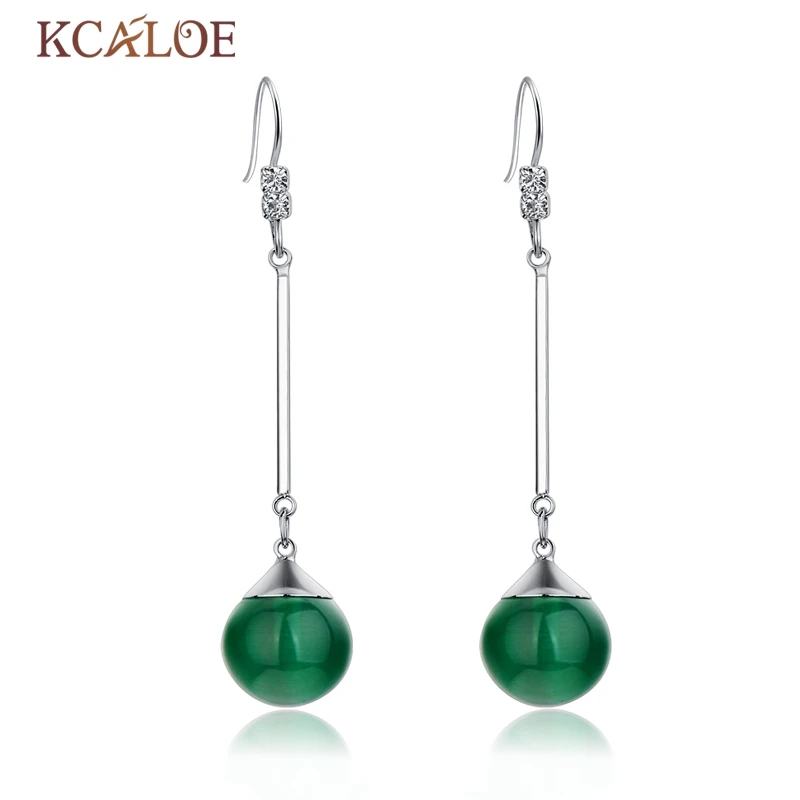 KCALOE Long Green Earrings For Women Natural Round Ball Opal Stone