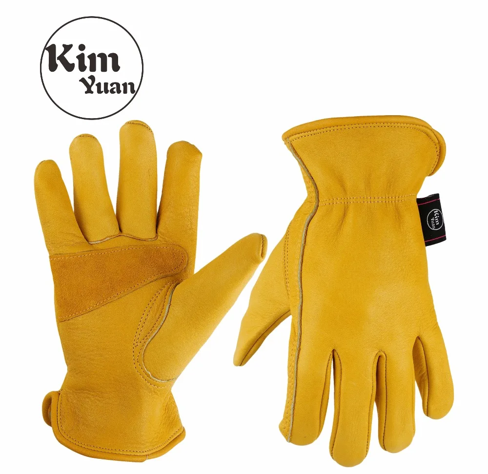 

KIM YUAN 020 Golden Cowhide Work Gloves for Gardening/Cutting/Construction/Motorcycle, Wear-Resistant Men/Women, Elastic Wrist
