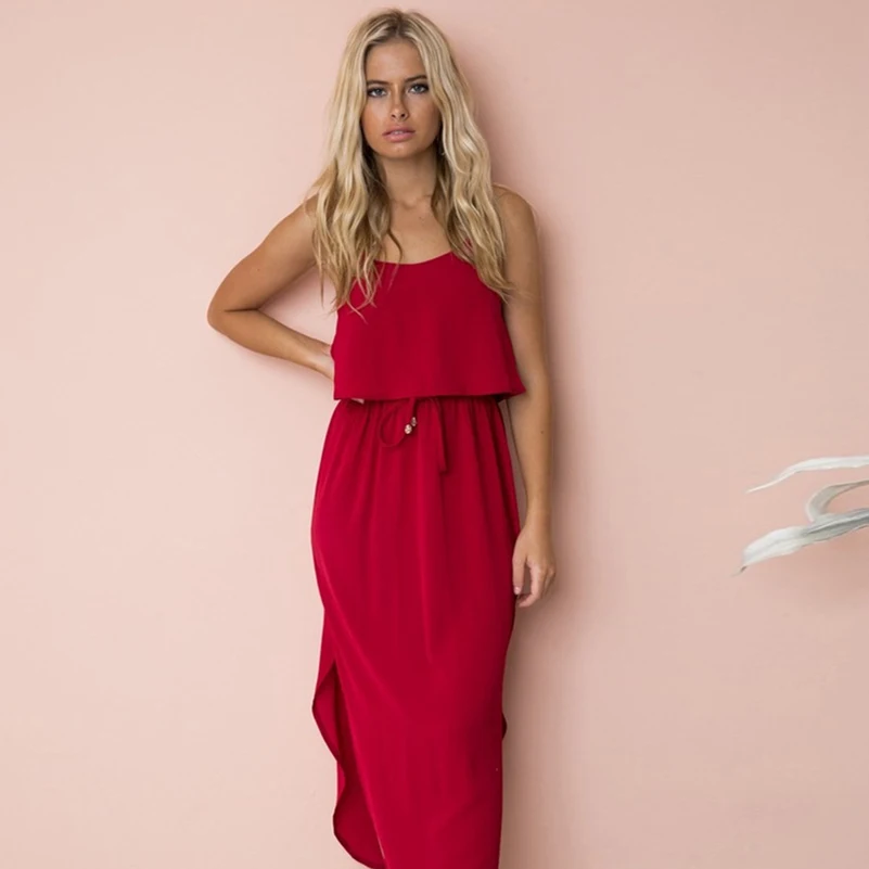 

Red Dresses Sleeveless Strap Cotton Mid calf Loose Boho 2019 Flowers Empire Fashion Spaghetti O neck Summer dresses New Dress