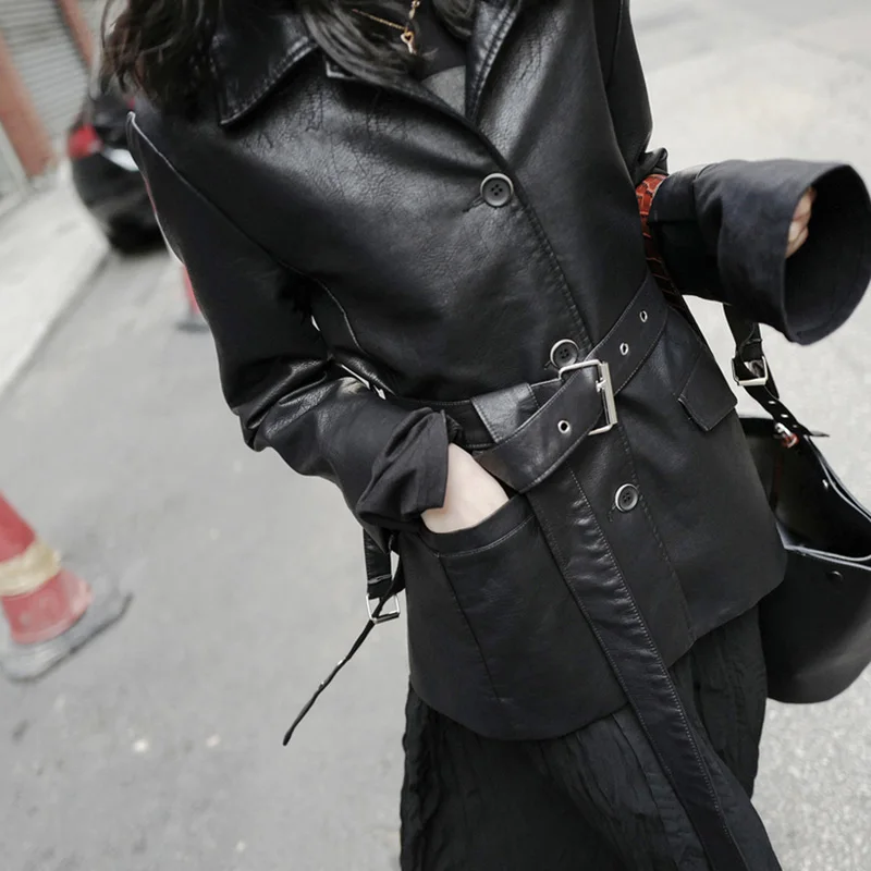 

Autumn Winter Long Faux Leather Jacket Women Plus Size Soft Leather Coat With Belt Sheepskin Coat Women Artificial Outerwear 4XL