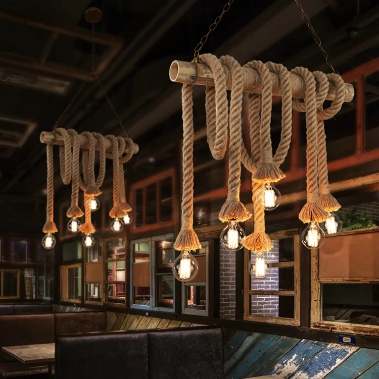 Vintage Bamboo Rope Pendant Lights E27 Led 6 Bulbs Loft Lamps Vintage Bamboo Rope Pendant Lights E27