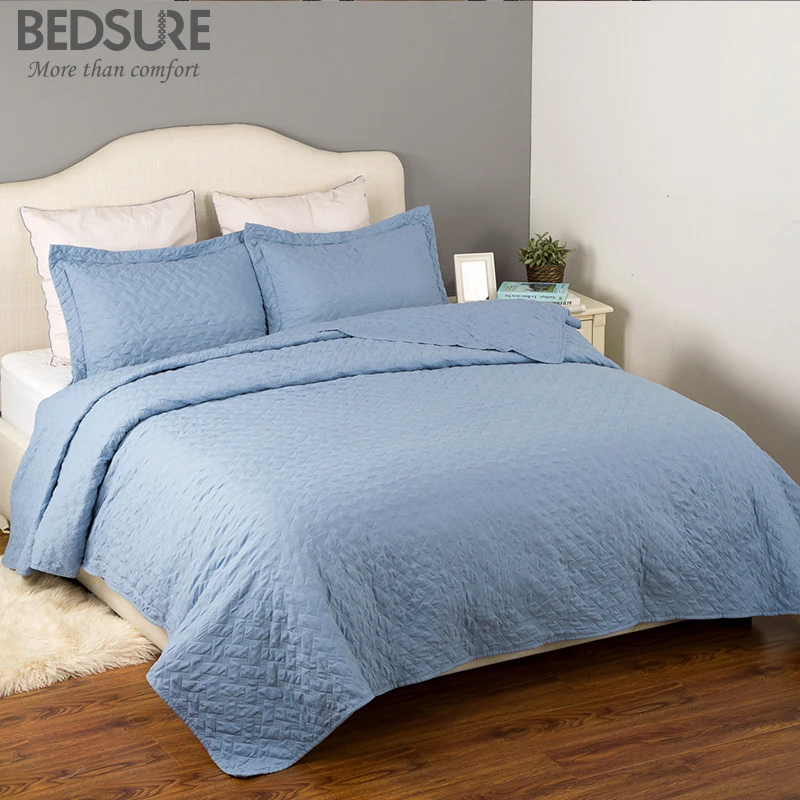Bedsure Classic Solid Quilt Bed Set Grayish Blue Basketweave Pattern