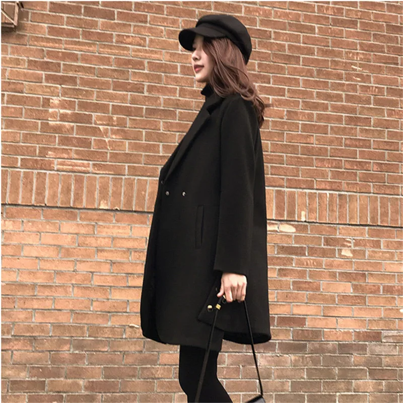Manteau Élégantes Style 2018 Long Laine Vintage Noir Femmes Coréenne Manteaux Mode D'hiver Lâche NnkwP8OX0
