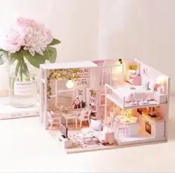 Ручной Работы Розовый Дом Кукольный дом мебели Miniatura Diy кукольные домики кукольный домик Деревянные игрушки для детей Рождественский