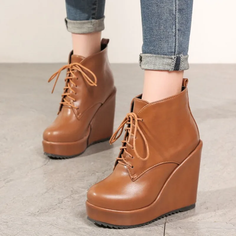 New Leather Shoes Women High Boots Platform Wedge Shoes
