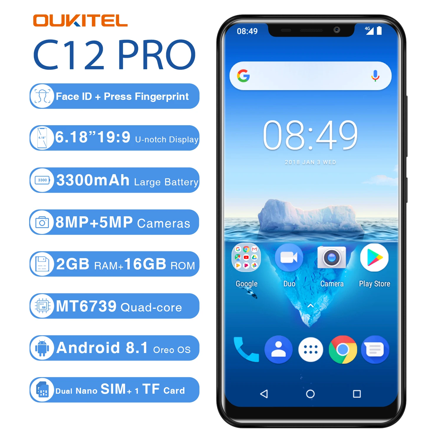 OUKITEL C12 Pro 6,1" 19:9 2G Оперативная память 16G Встроенная память MT6739 4 ядра мобильного телефона Android 8,1 отпечатков пальцев 4G 3300 mAh смартфон