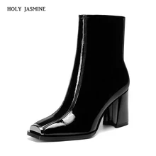 2019 Spring Winter High Heels Square Toe Ankle Boots for Women Fashion Patent Leather Motorcycle Boots Woman Botas Mujer Black цена 2019 Spring Winter High Heels Square Toe Ankle Boots for Women Fashion Patent Leather Motorcycle Boots Woman Botas Mujer Black цены онлайн