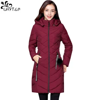 

UHYTGF Korean Jackets Woman Winter Cotton Clothes Coat 2018 Autumn Plus size Fashion long Standing Collar Hooded Warm Coats 422