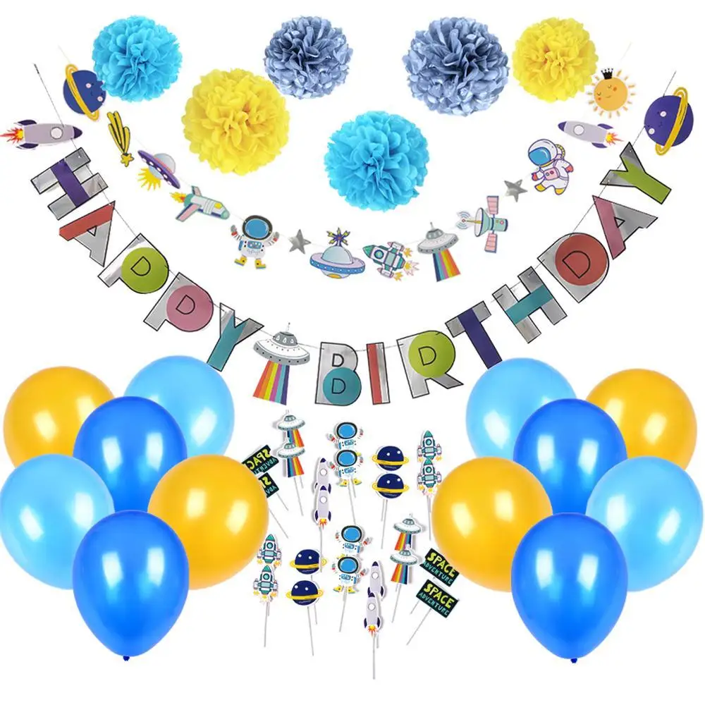

12pcs Outer Space Adventure Birthday Party Happy Birthday Banner Rocket Astronaut Cupcake Topper Kit Latex Balloon Pom Poms Kids