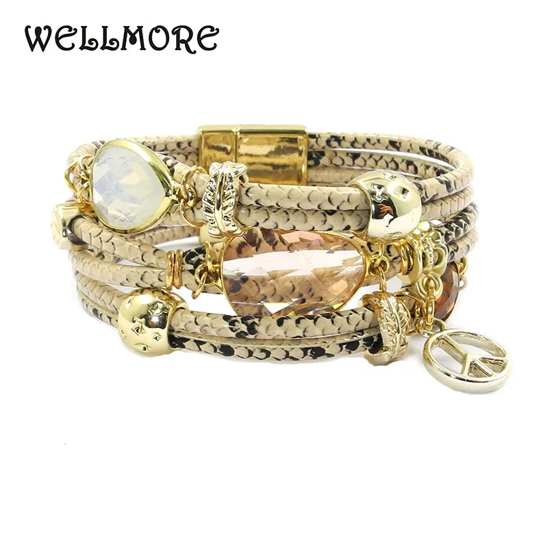 0 : Buy WELLMORE snake print Leather bracelet,Stone, crystal,Peace mark Bohemian ...