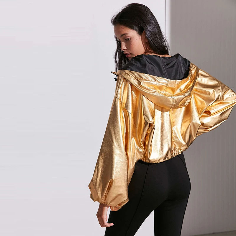 HDY Haoduoyi, новая модная повседневная женская верхняя одежда, Стильные топы, повседневные свободные рукава-фонарики, женское золотое короткое пальто с капюшоном, куртка