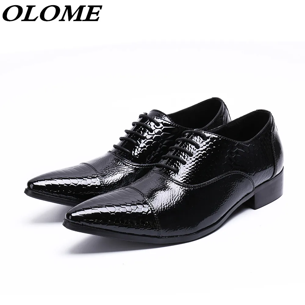 

Туфли Zapatilla hombre мужские из лакированной кожи, элегантные офисные оксфорды, заостренный носок, на шнуровке, Крокодиловая Кожа, черные