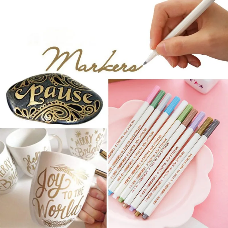 10 Colors Metallic Markers Pens Set for Scrapbooking DIY Photo Album Card Making Calligraphy Doodling Liquid-Ink Round Tip