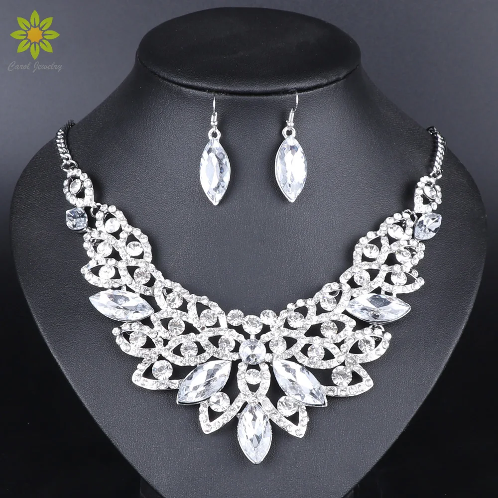 Crystal Wedding Jewelry Sets for Women Silver Color Flower Rhinestone ...