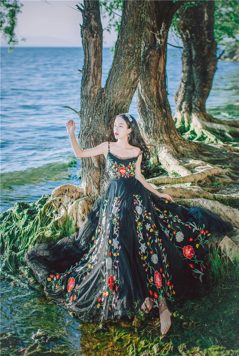 Новинка, модное женское платье с цветочной вышивкой, кружевное Сетчатое платье на тонких бретельках, потрясающее вечернее платье, vestidos Mujer Robe Femme