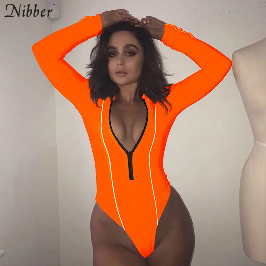 

Nibber fashion Reflective stripes womens bodysuits 2019 autumn summer new neon black full Sleeve bodysuits Basic Casual jumpsuit