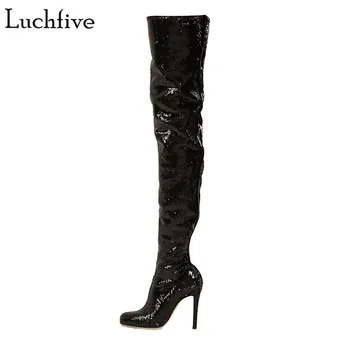 

Sequin cloth over the knee boots 12 cm super high heels thigh high boots for women 2018 runway design shiny booties female
