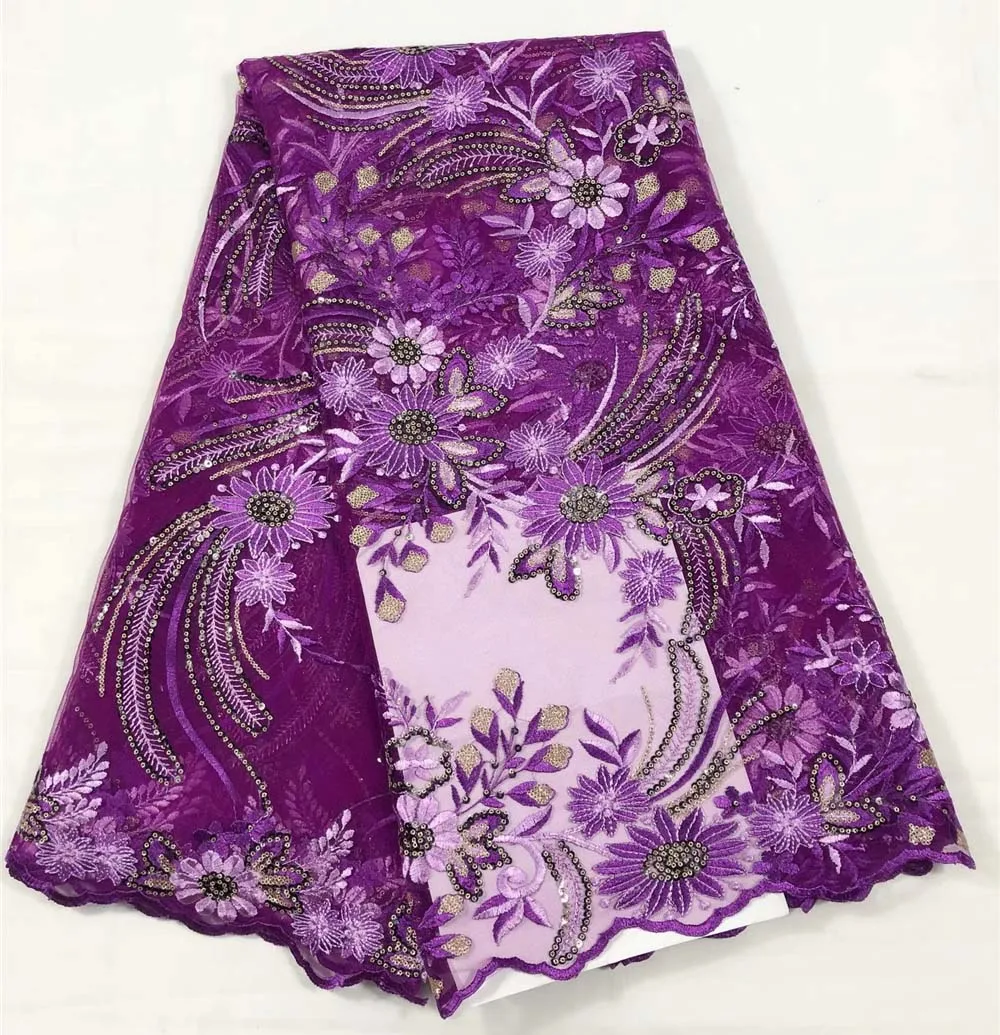 

New Arrivals 2018 Embroidered Net Lace Fabric For Wedding Dress Hot Sale African French Guipure purple paillette Lace Fabric