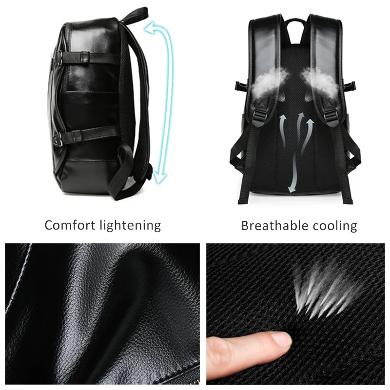  Men's Leather Waterproof Large Laptop Bag USB Design with Headphone hole Travel Backpack School Bag - 32887508706