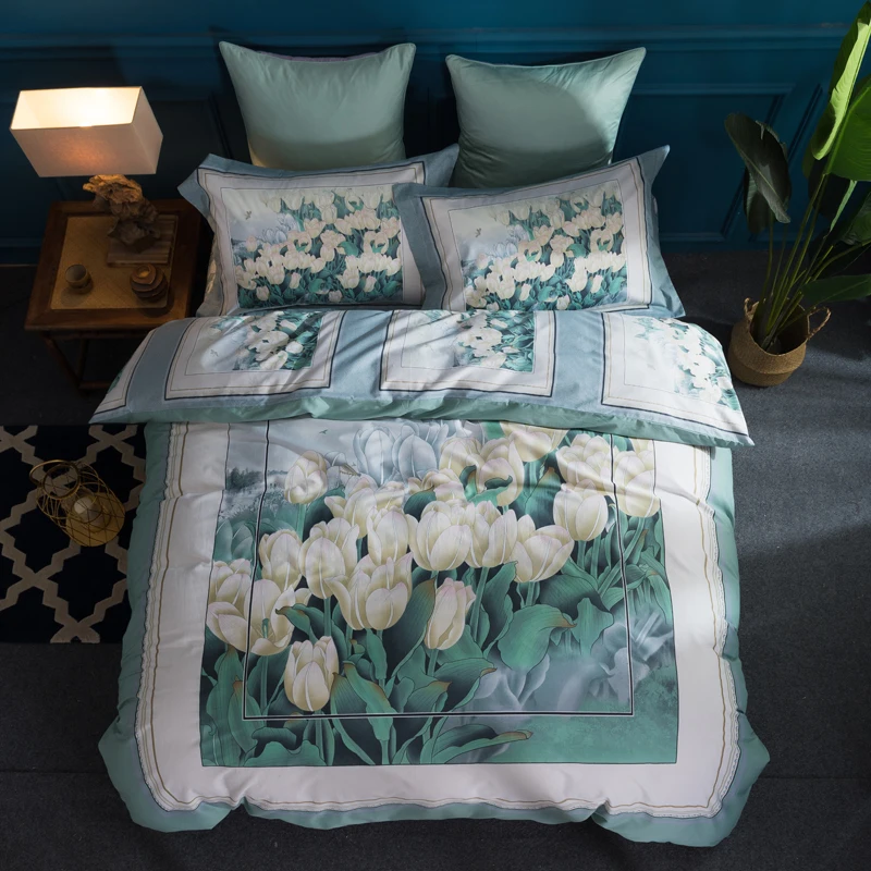 

Flowers and green leaves print Pastoral style bedding set 100% Cotton fabric Queen King Size duvet cover flatsheet pillowcase