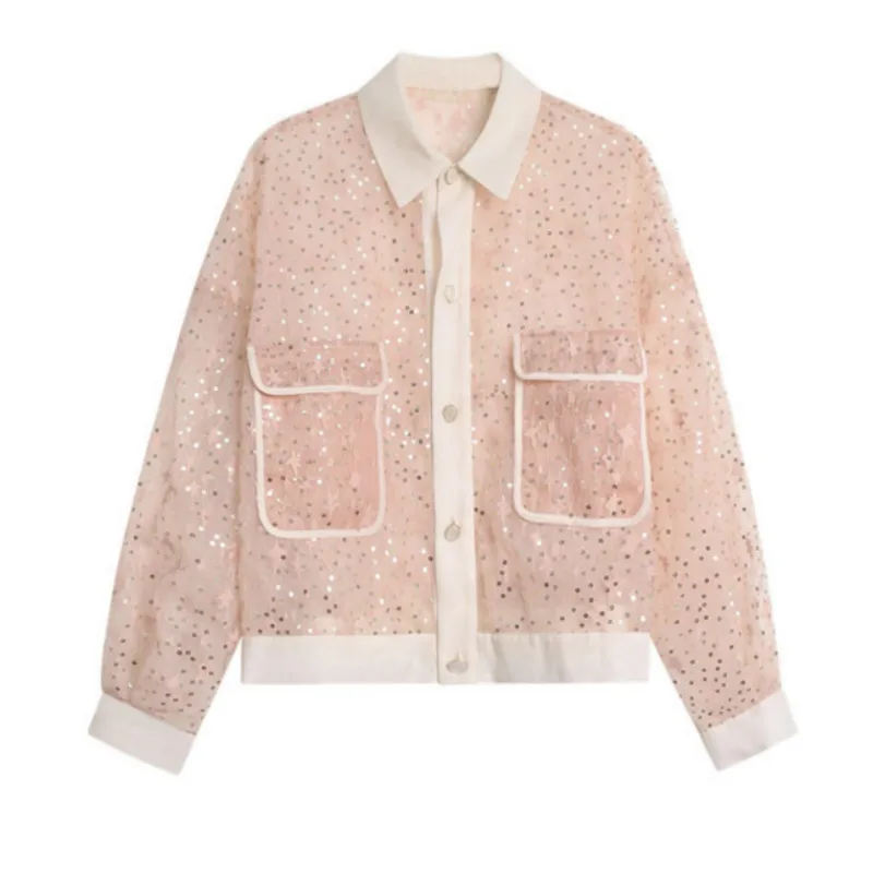 

Fairy Perspective Sunscreen Gauze Spliced Jacket Sequins Mesh Pink Thin Coat Loose Cardigan Single-breasted Tops