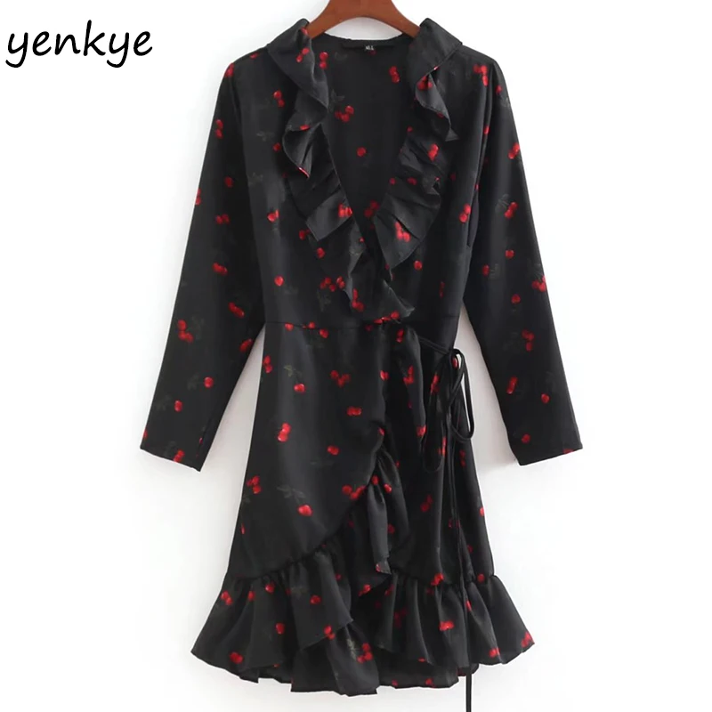 

Vintage Summer Dress Women Cherry Printed Wrap Dress Sexy V Neck Long Sleeve Tie Waist Ruffle A-line Dress Mini vestidos
