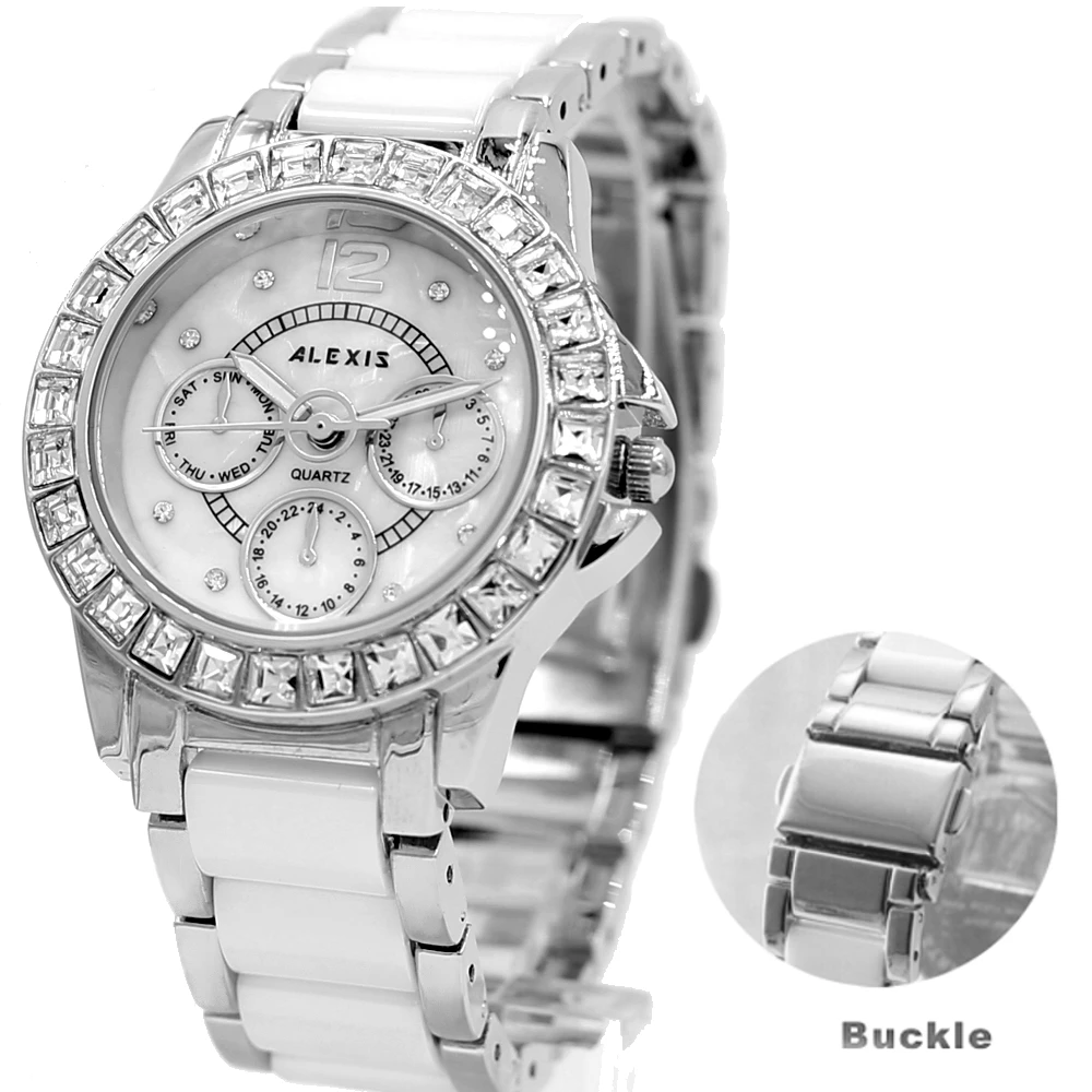 

Hong Kong Alexis Brand Elegant Water Resistant White Dial Ladies Women Silver Ceramic Crystal Bracelet Watch FW830G Gifts Box