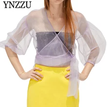 YNZZU 2019 Summer purple V-neck Organza women's top Semi-sheer lace up three quarter female blouse New arrival Sexy Special T647 fleece dot applique semi sheer top