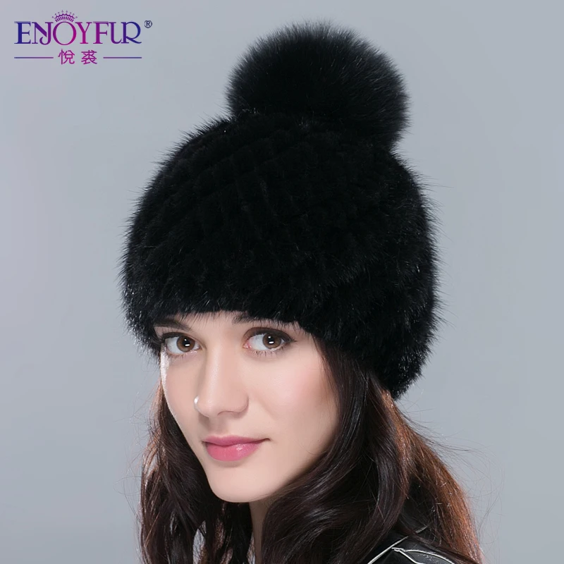 

ENJOYFUR real mink fur hats for women winter knitted mink fur cap with fox fur pom poms hot sale brand new warm female hat