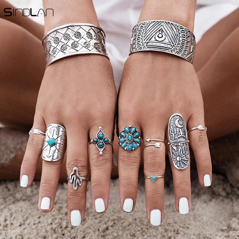 Женское Винтажное кольцо 9 шт./компл. резные геометрические кольца с цветком и