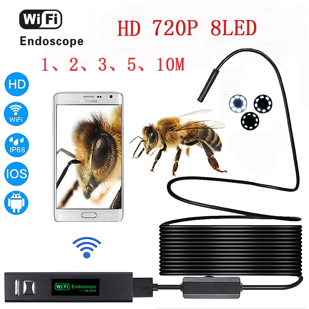 HD 1200 P Wi-Fi эндоскоп Камера с Android и IOS Endoscopio 8 светодиодный 8 мм Водонепроницаемый Инспекции Borescope Камера 1-10 м кабель